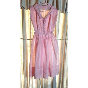 R&K Original 50s Pale Pink Sheer Gauze Cotton Chelsea Collar Pearl Button Smock